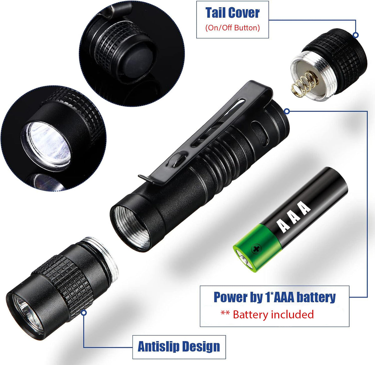 LED Flashlights with Clip 5.24" or 3.4"