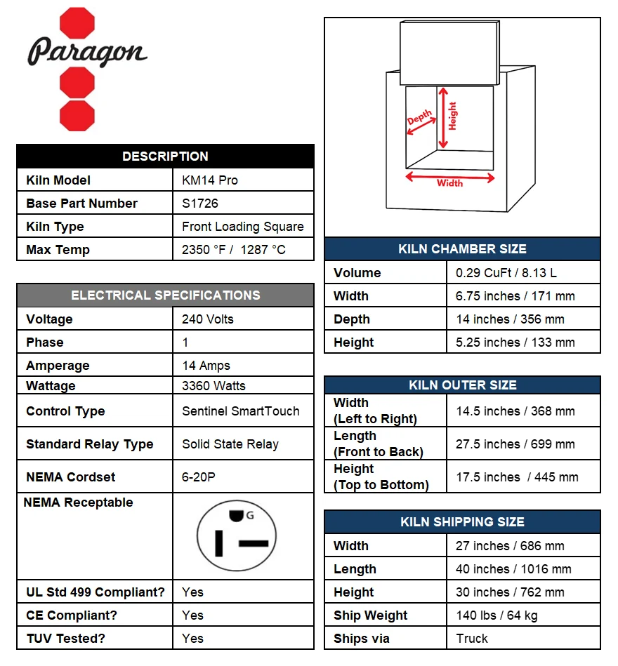 Paragon Pro 14" Depth Ceramic Kiln - Single Barrel