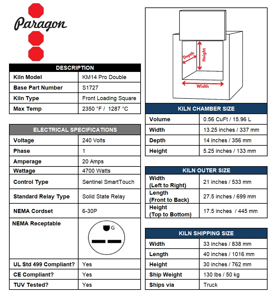Paragon Pro 14" Depth Ceramic Kiln - Double Barrel