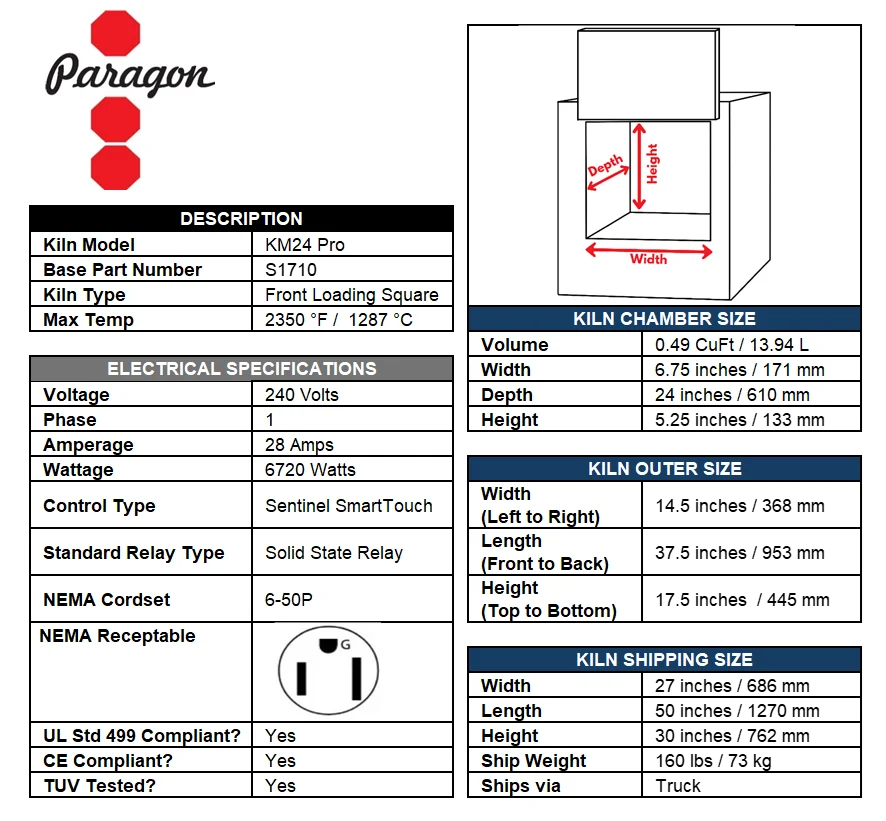 Paragon Pro 24" Depth Ceramic Kiln - Single Barrel