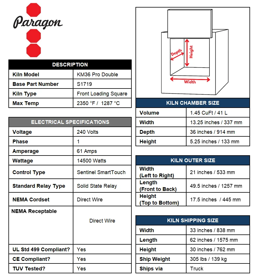 Paragon Pro 36" Depth Ceramic Kiln - Double Barrel