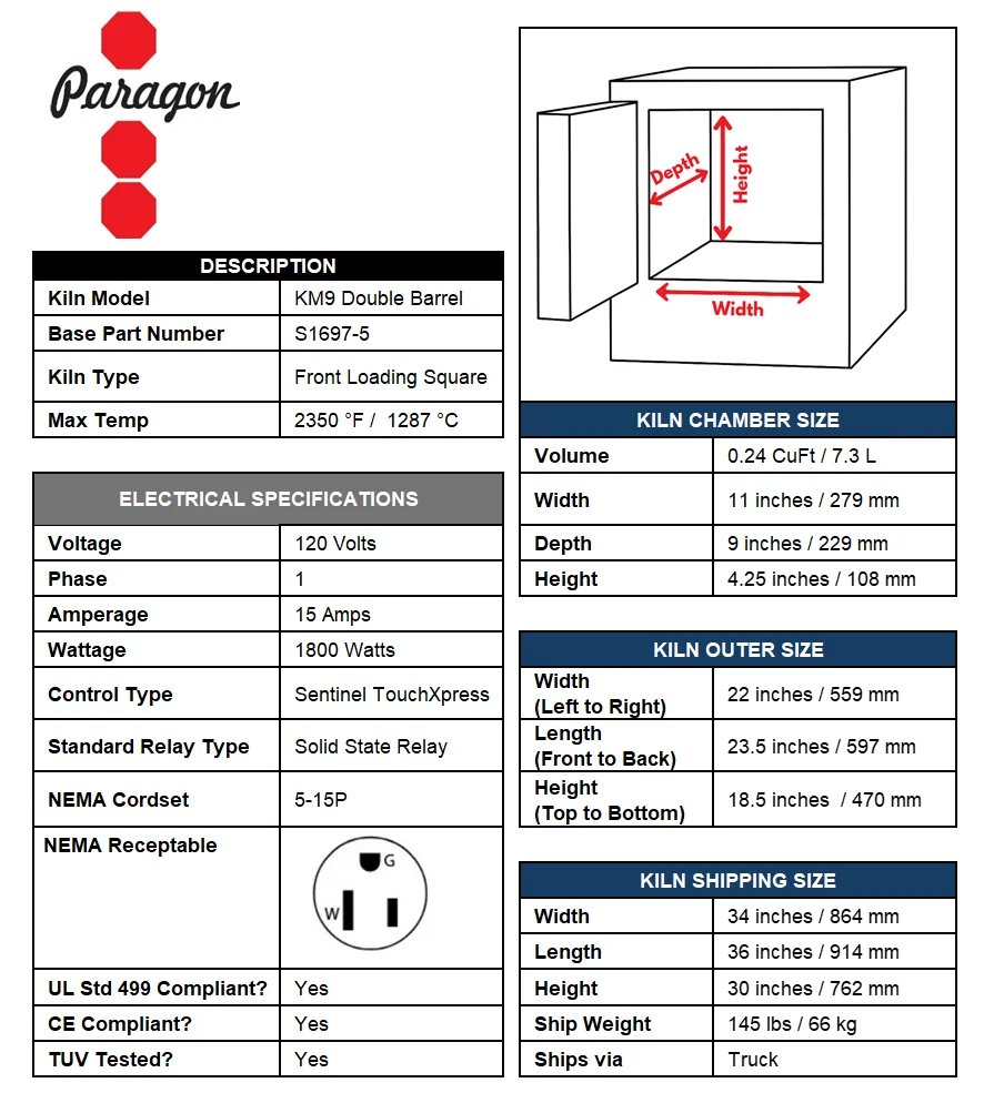 Paragon Pro 9" Depth Ceramic Kiln - Single Barrel