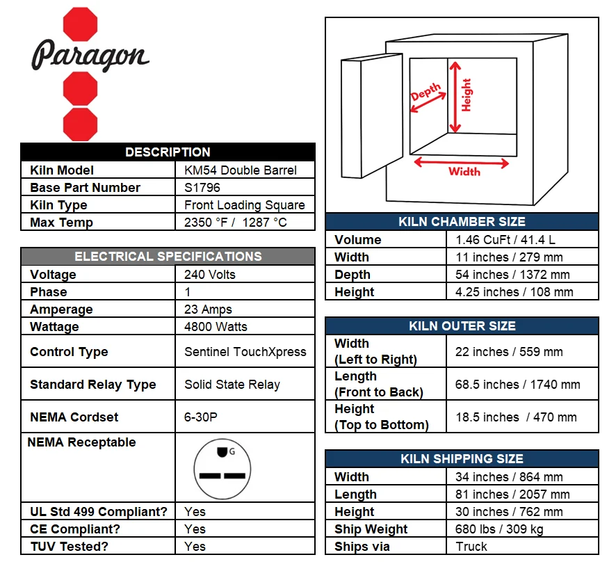 Paragon 54" Depth Double Barrel Firebrick Kilns