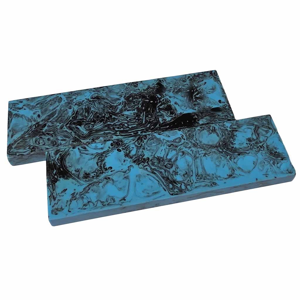 Two blue marbled rectangular objects on a white background